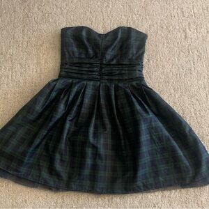 Vintage Green Navy Plaid Layered Strapless Dress, size small.